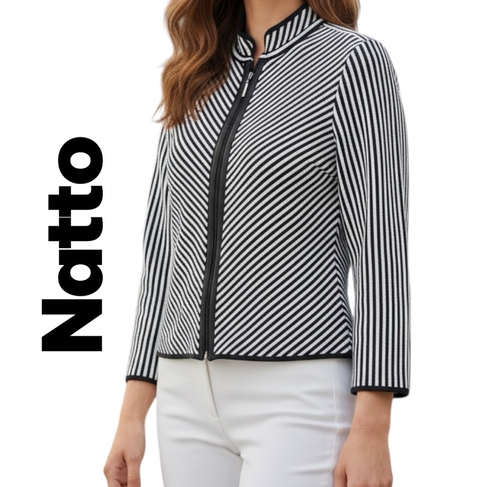 Natto Real Leather Ivory Black Diagonal Stripes Full Zip Women’s Jacket Sz S
